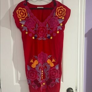 Amazon Red Tunic with Colorful Floral Embroidery